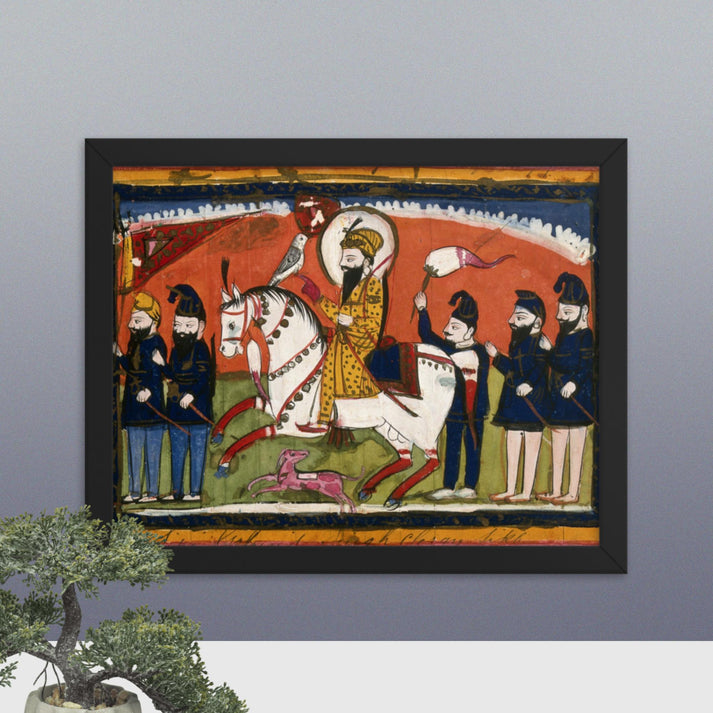 Sri Guru Gobind Singh on horseback with his falcon and attendants(Framed Print)