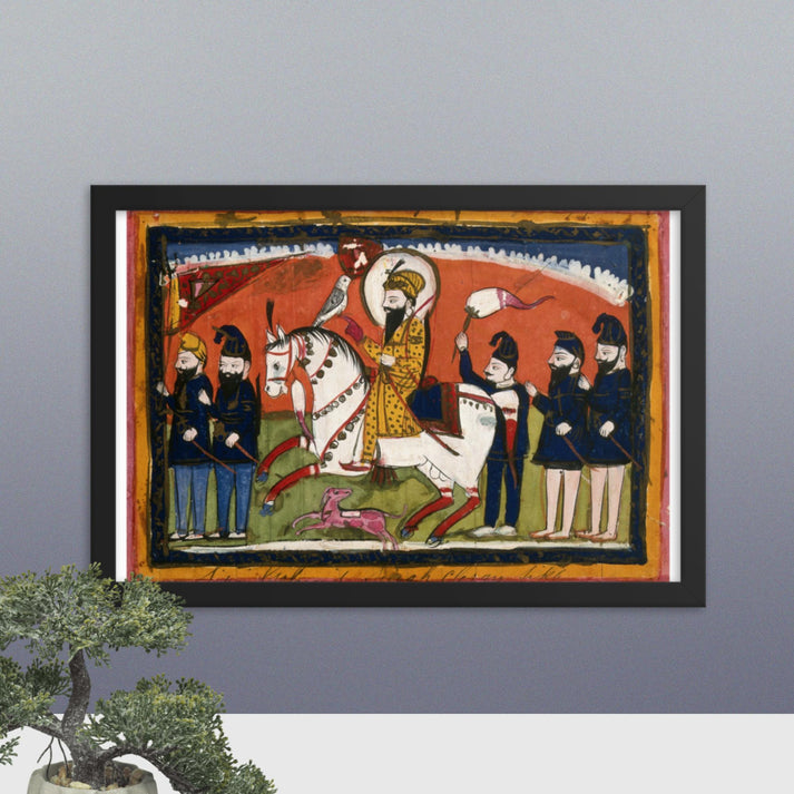 Sri Guru Gobind Singh on horseback with his falcon and attendants(Framed Print)