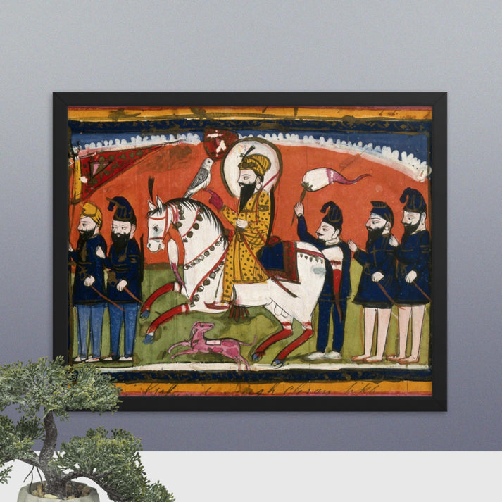 Sri Guru Gobind Singh on horseback with his falcon and attendants(Framed Print)