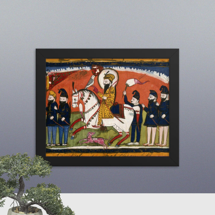 Sri Guru Gobind Singh on horseback with his falcon and attendants(Framed Print)